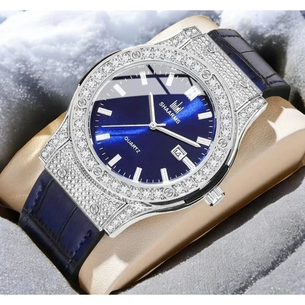 Shaarms Mens Quartz Watch Blue Dial Crystal‎ Bezel Leather Strap Date New